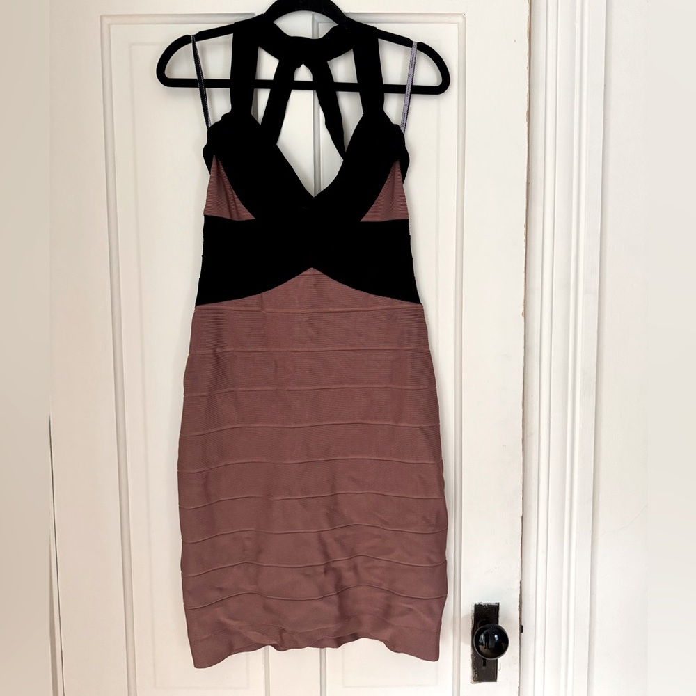 Herve Leger Brown & Black Colorblock Open Back Halter Style Bandage Dress L